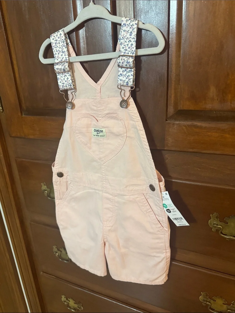 OshKosh B'gosh Pale Pink Heart Short Overalls with Floral Straps